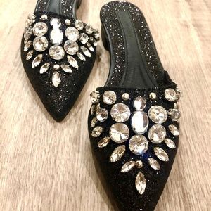 Classy Black Glitter and Rhinestones Ladies Mules